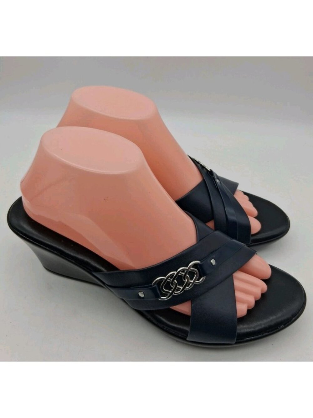 Tuscany by Easy Street Navy Blue Wedge Open Toe Slip On Sandal Size 9.5N Italy